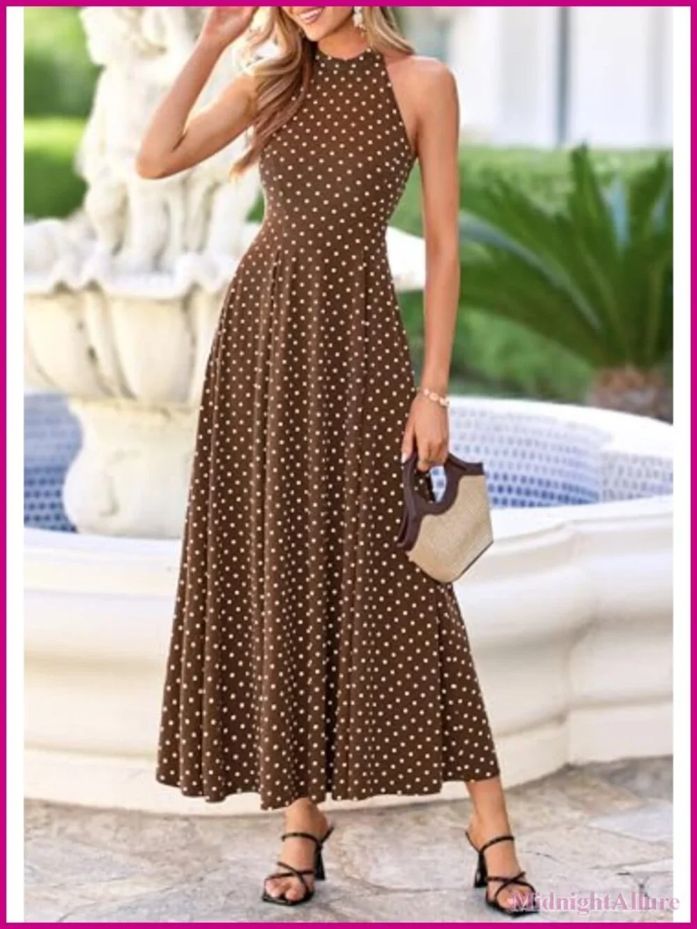 Sleeveless Halter Maxi Sundress with Pockets Flowy A-Line